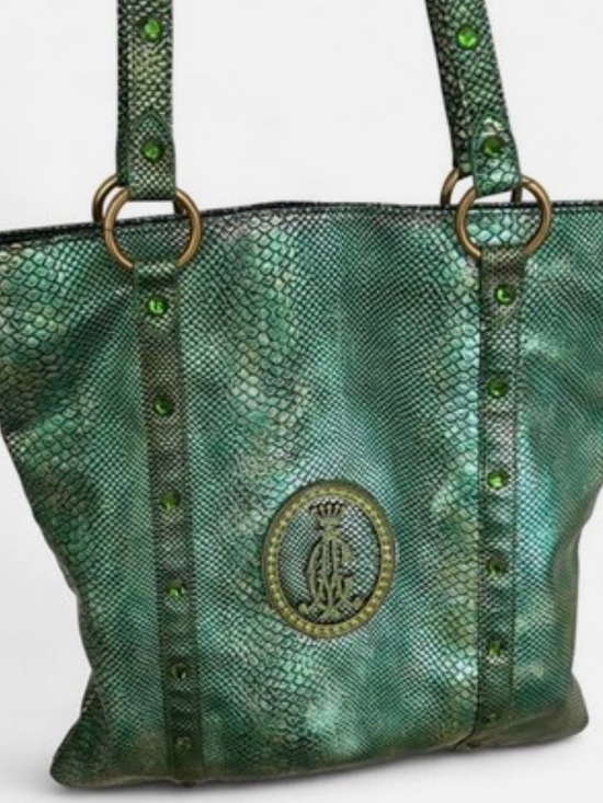 Christian Audigier Handbags - RARE Christian Audigier Emerald Metallic Snakeskin Tote Bag Rhinestone Y2K